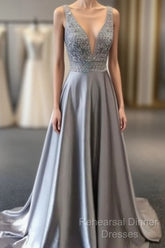 Beautiful Elegant Silver Grey Semi Formal Prom Dress,Beaded Evening Gowns,V Neck Formal Dress,Special Occasion Dress